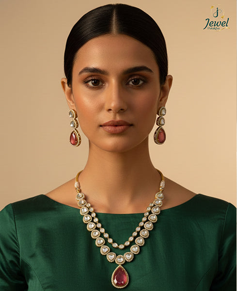 Royal Polki Teardrop Necklace Set with Ruby Drops