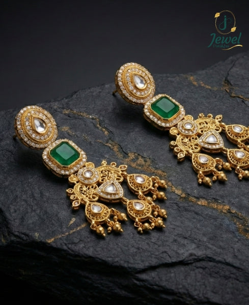 Antique Gold with Emerald Green & Clear Kundan Accents