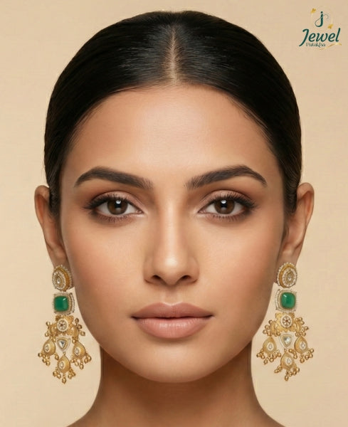 Antique Gold with Emerald Green & Clear Kundan Accents