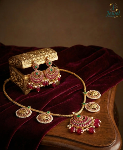 Rajkumari Ruby Peacock Necklace Set