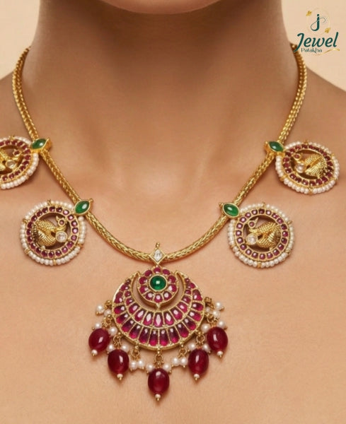 Rajkumari Ruby Peacock Necklace Set