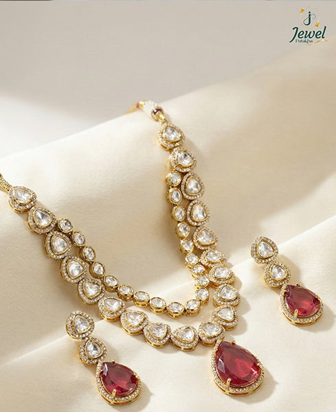Royal Polki Teardrop Necklace Set with Ruby Drops
