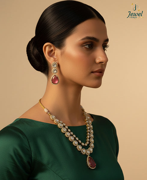 Royal Polki Teardrop Necklace Set with Ruby Drops