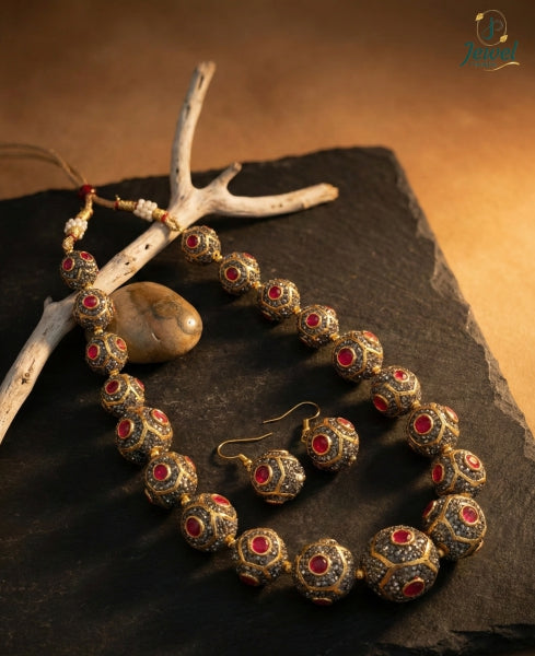 Rudra Ruby-Tone Beaded Necklace Set