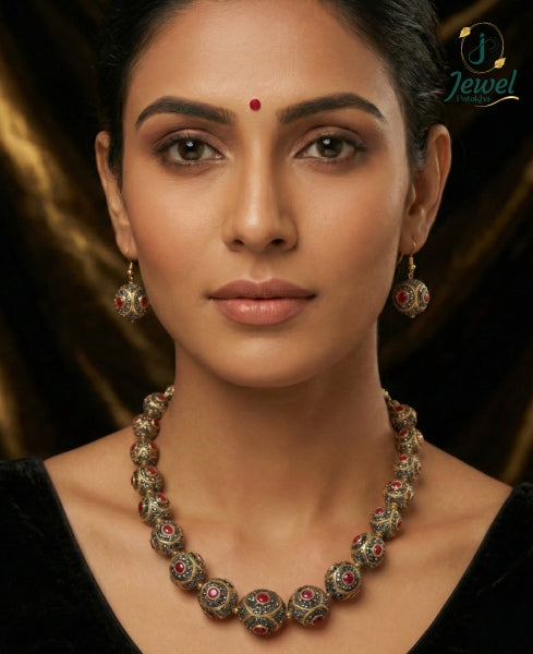 Rudra Ruby-Tone Beaded Necklace Set