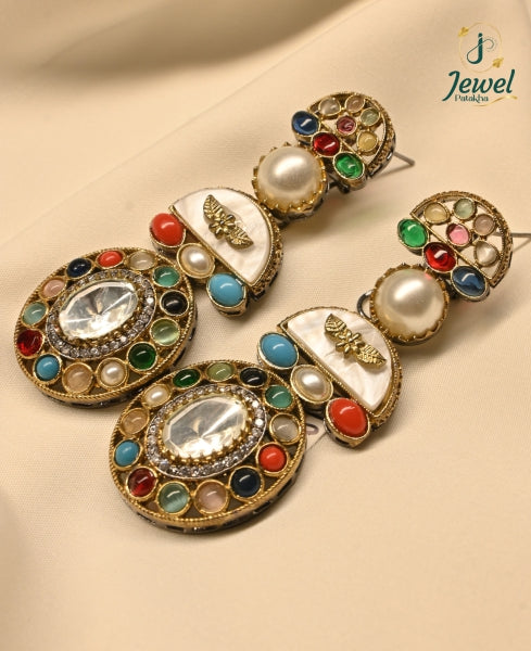 Victorian Navratna Pearl Medallion Earrings